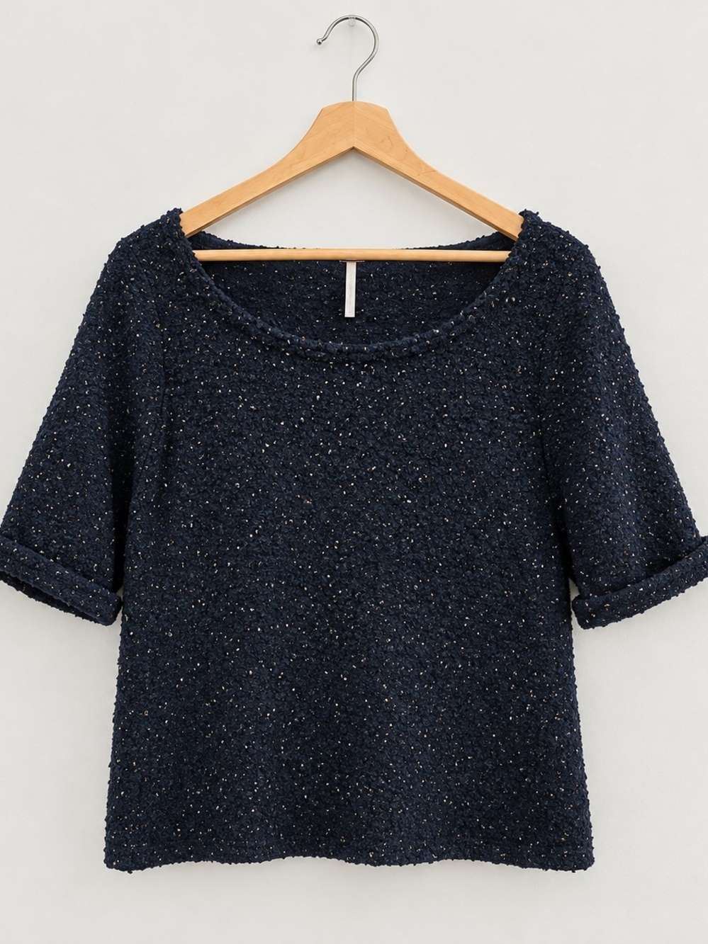 FREE People Black Bouclé Knit Top XS Relaxed Boho Fall Wide Scoop Neck Rustic